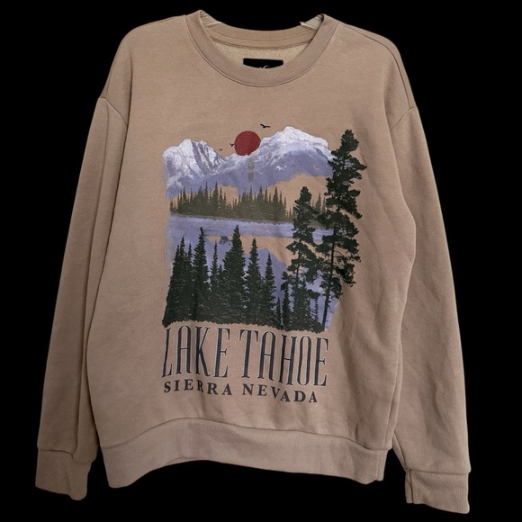 Hollister Tan Relaxed Fit Lake Tahoe Crewneck Sweater Mens Size Large Cabincore - Picture 2 of 8